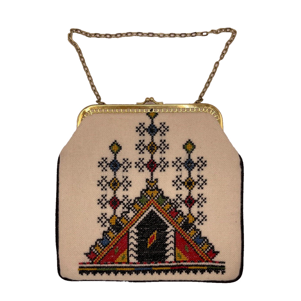 Vintage Needlepoint Purse 1980s w/Gold Kisslock Latch & Chain Pre-owned